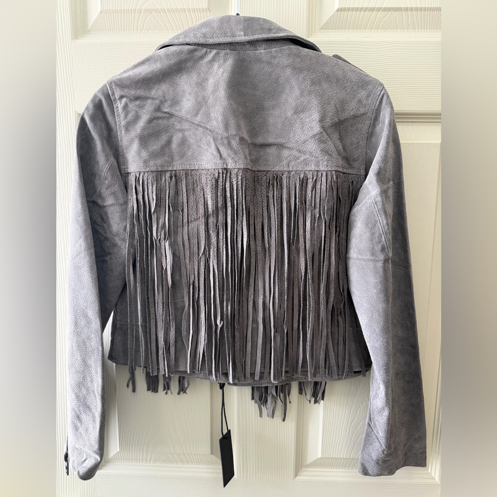 🩶 Blank NYC x Free People Fringe Moto Jacket 100% Real Leather Boho Chic - Picture 3 of 9